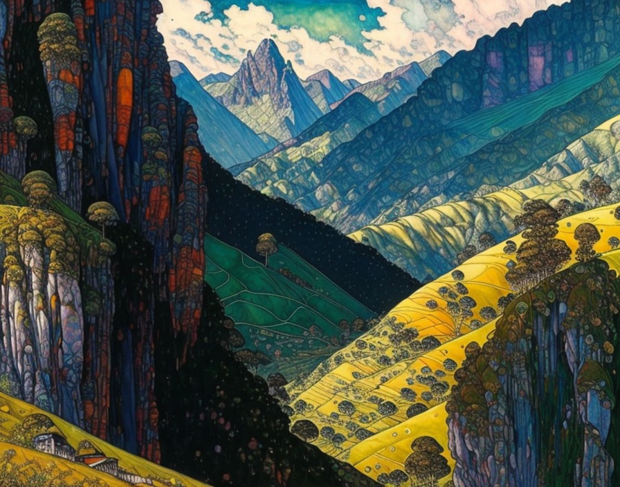 Colorful Stylized Landscape with Mountains, Trees, and Valley