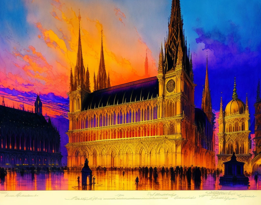 Vibrant watercolor illustration: Gothic cathedral reflection at sunset