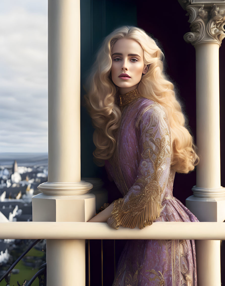 Blond woman in lilac dress on balcony with city view