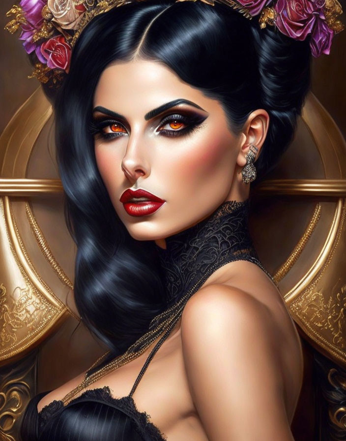 Portrait of woman with red lips, dramatic eye makeup, black hair, lace garment, floral hair adorn