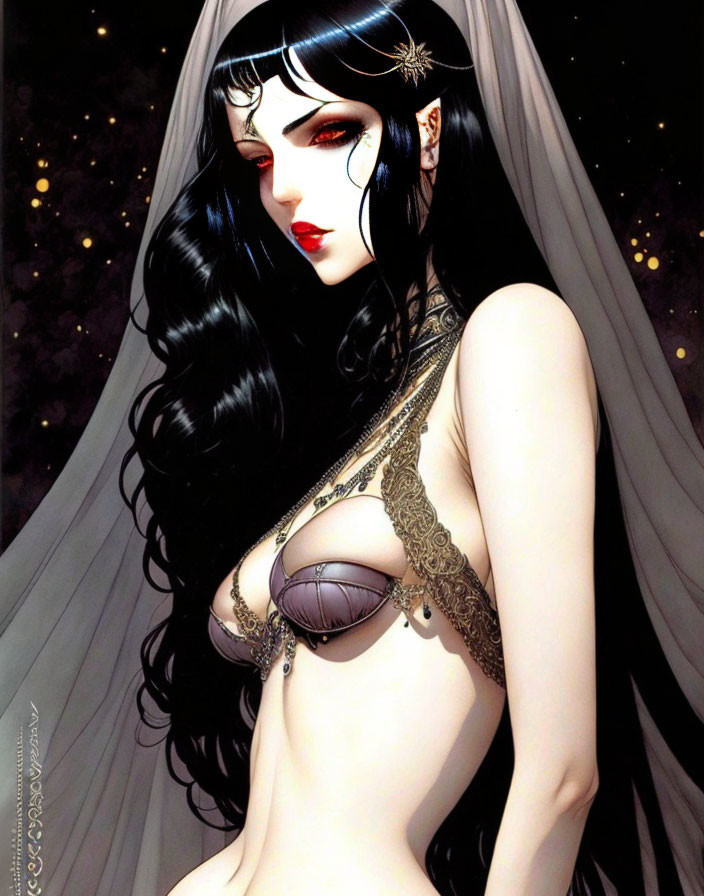 Fantasy illustration of a woman with black hair, red eyes, pale skin, in dark clothing,