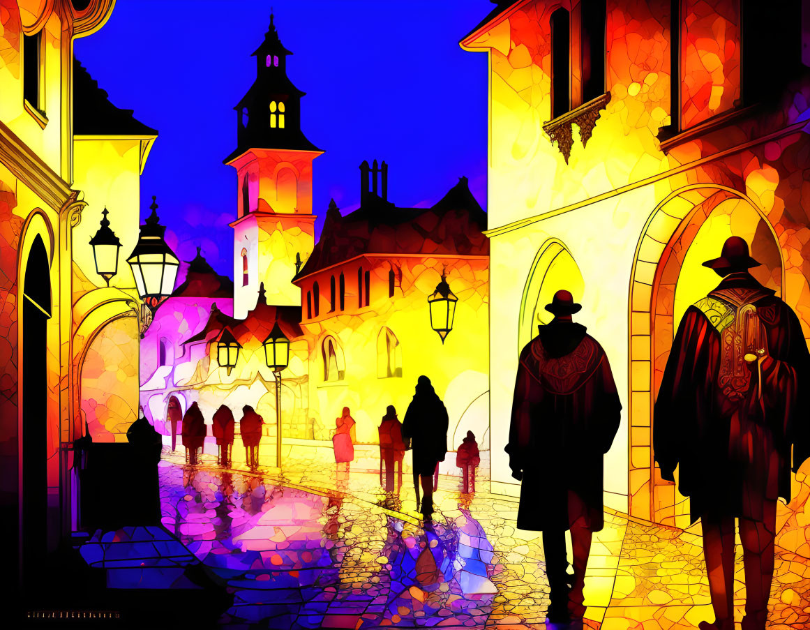 Colorful illustration: People in European town square at twilight