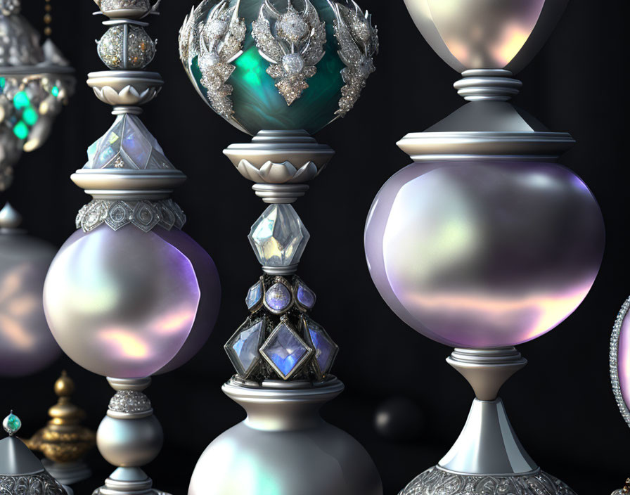 Ornate jewel-encrusted scepters with pearls and precious stones on dark background