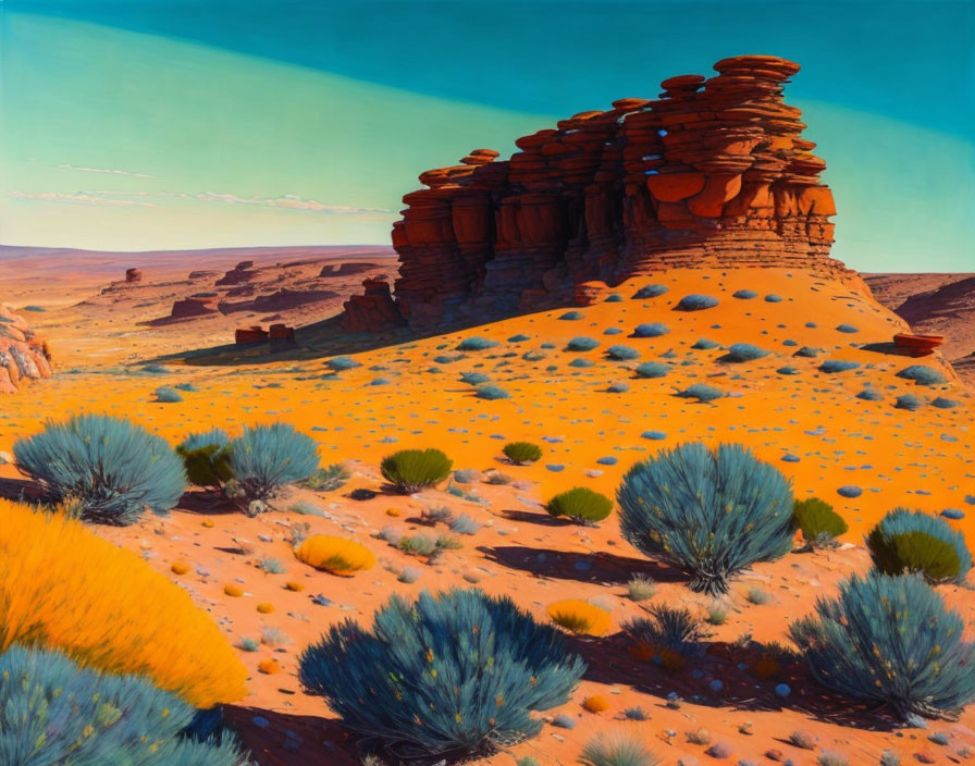 Vibrant desert landscape with towering red rock formation