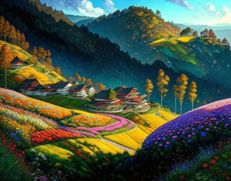 Colorful Flower Fields and Traditional Houses in Lush Landscape