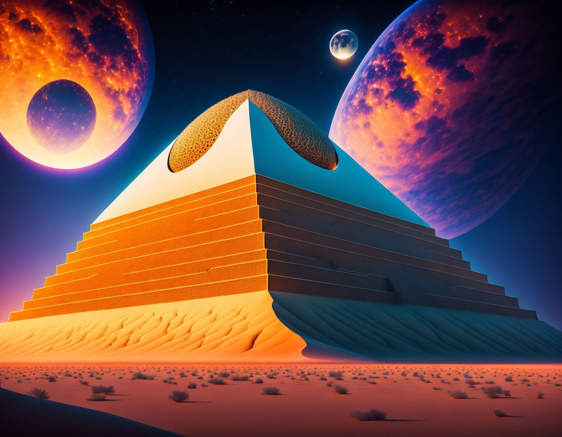 Surreal Egyptian pyramid under night sky with planets, moon, stars & desert landscape