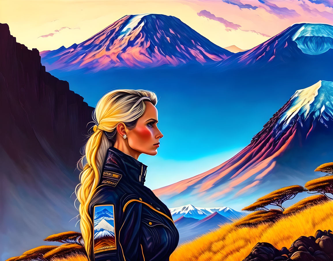 Blonde woman in black jacket with snowy mountain backdrop