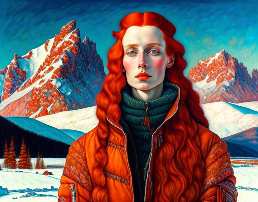 Red-haired person in orange jacket against red mountains and blue sky