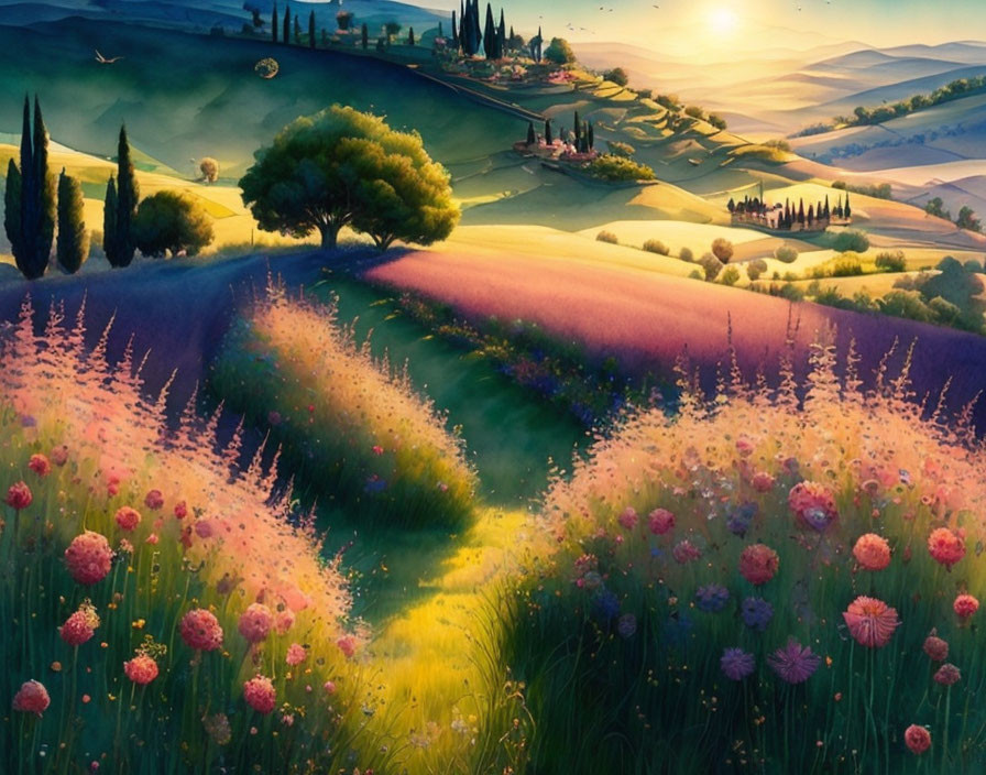 Colorful landscape painting: rolling hills, blooming flowers, sunset glow, distant village, lush trees