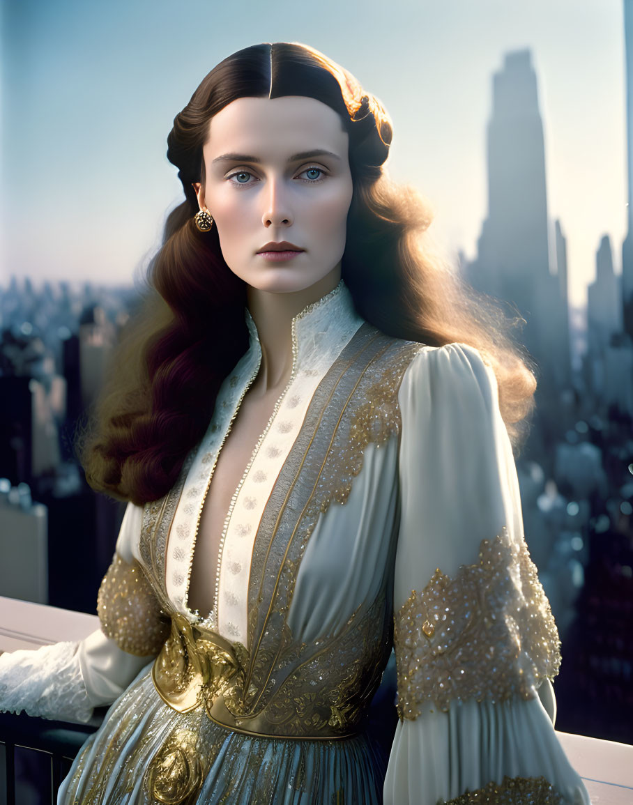 Vintage-clad woman with flowing hair against city skyline in gold-adorned dress.