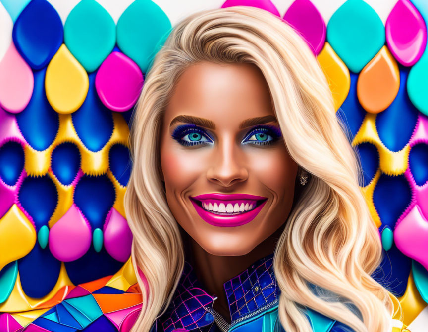 Colorful digital illustration of woman with blue eyes and blonde hair on geometric backdrop