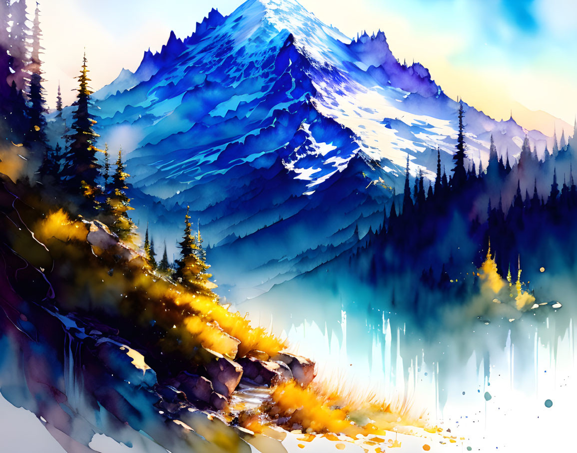 Mountain landscape watercolor painting with pine trees and misty ambiance