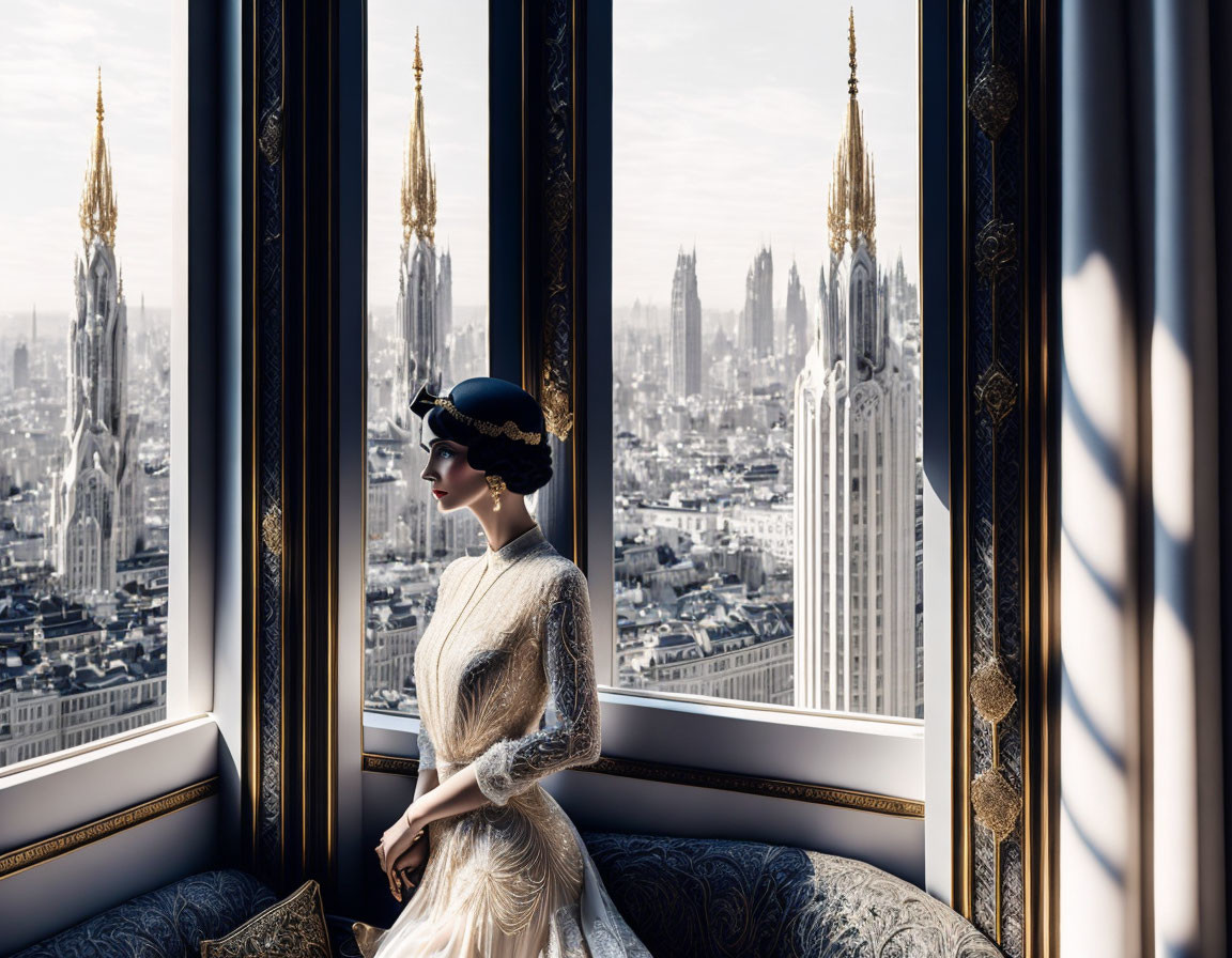 Vintage-dressed woman gazes at city skyline through window in elegant room.