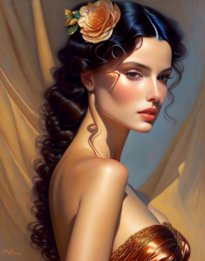Illustrated portrait of woman with wavy hair, blue headband, flower, and golden dress ex