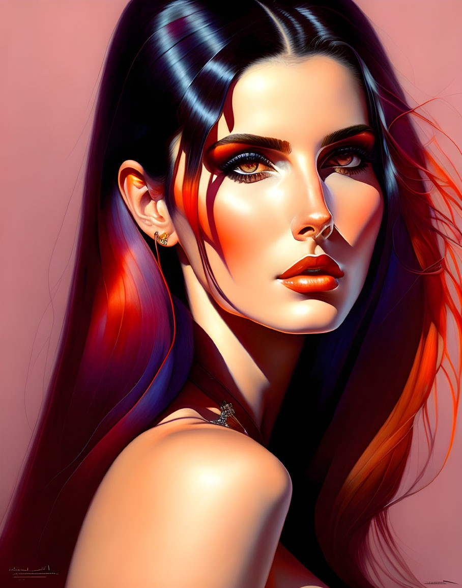 Colorful digital portrait of woman with striking makeup and black & red hair.