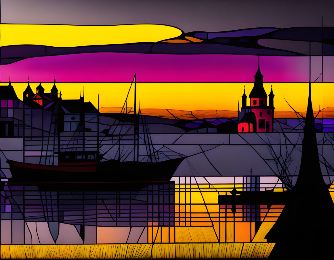 Vibrant sunset over harbor with silhouetted buildings and boats