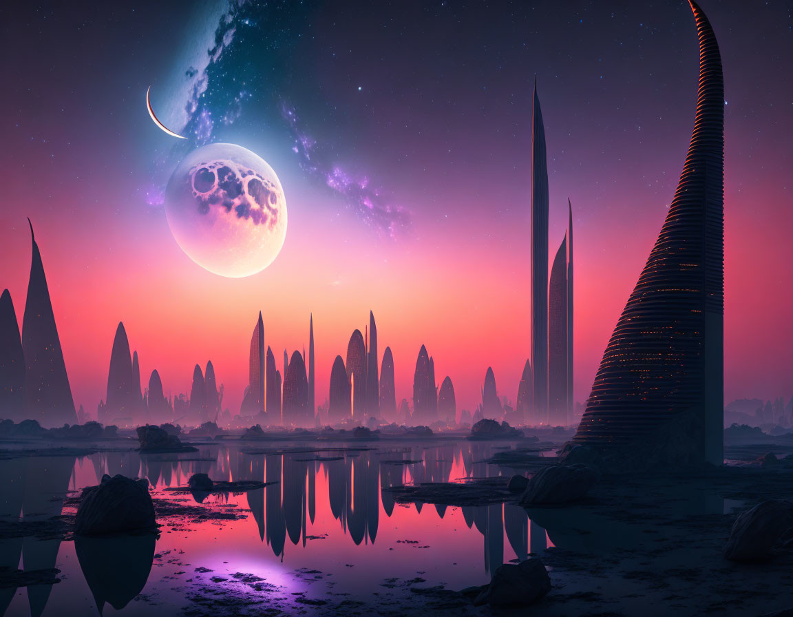 Surreal twilight landscape with oversized crescent moon and alien-like spires