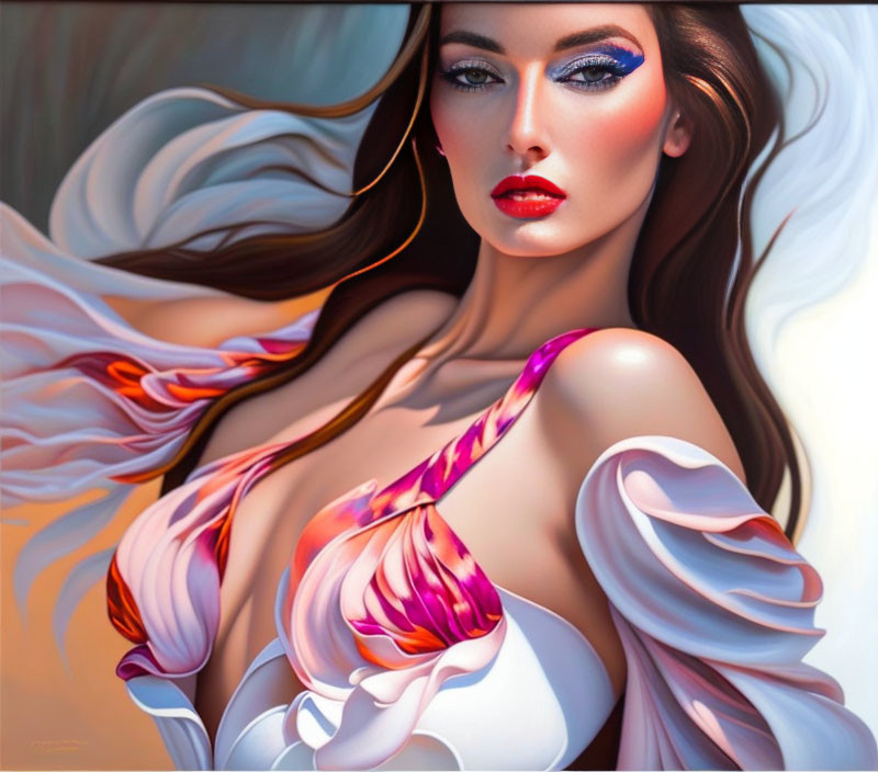 Portrait of Woman with Flowing White Hair in White Dress with Orange and Pink Accents