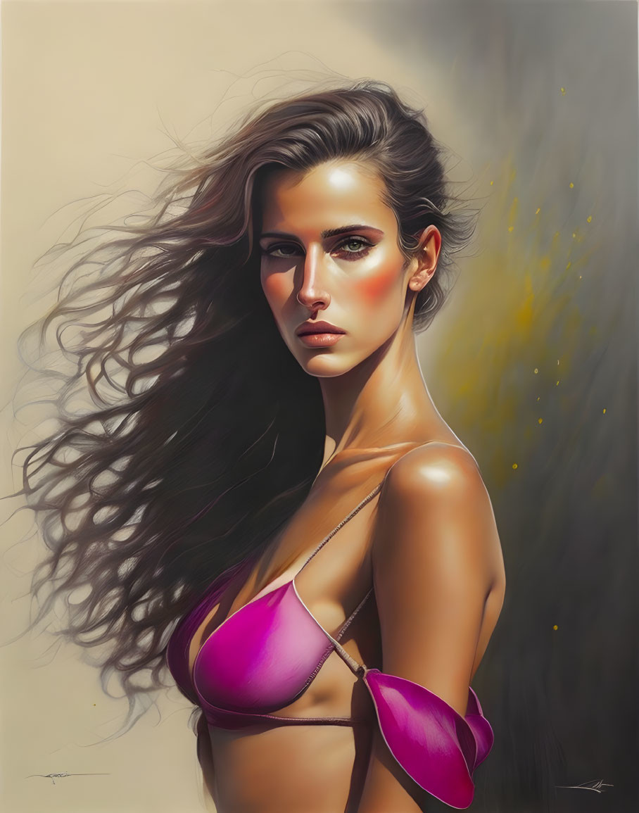 Woman in Magenta Bikini Top with Flowing Hair in Digital Art