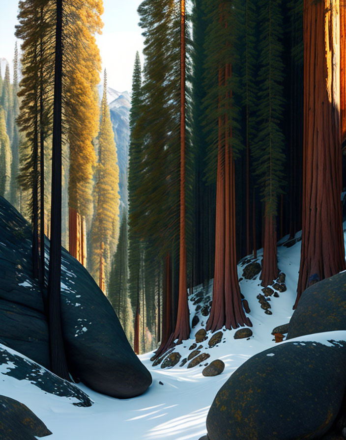 Snowy forest with sequoia trees, sunlight, and rocks.