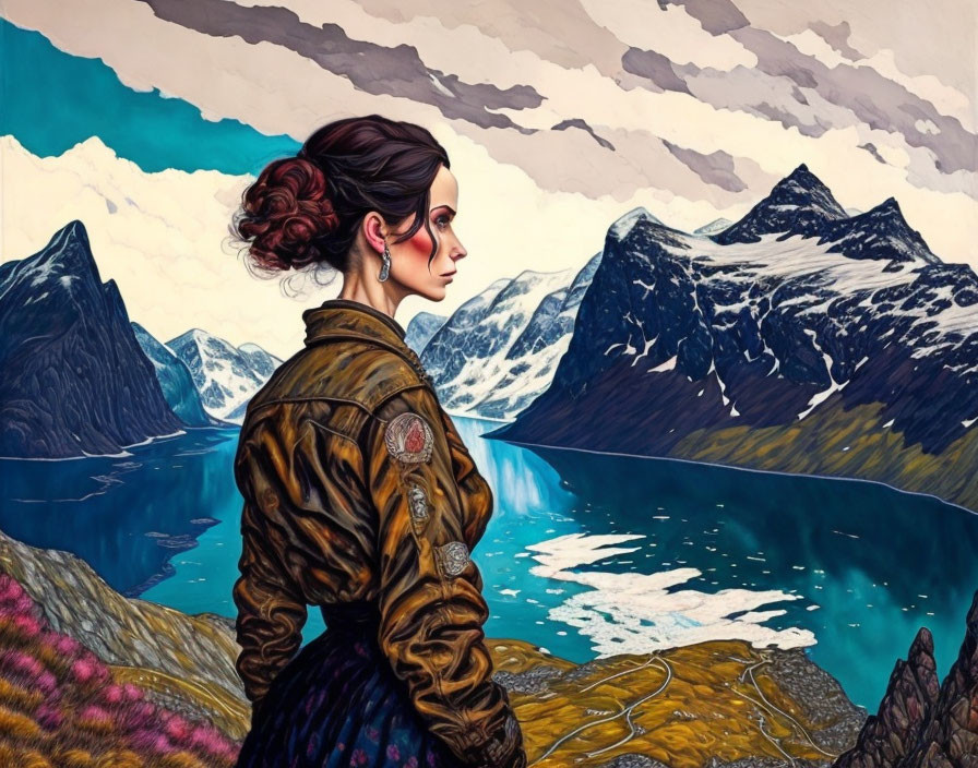 Detailed leather jacket woman gazes at serene mountain landscape with fjord and snowy peaks.