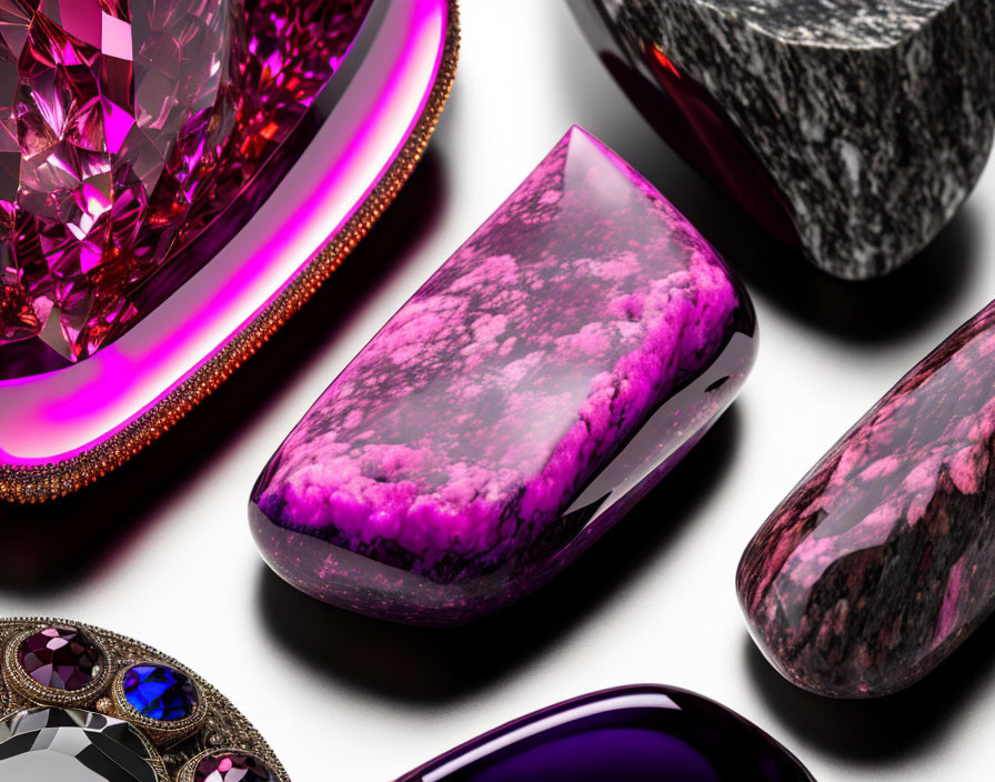 Colorful Polished Gemstones on Reflective Surface