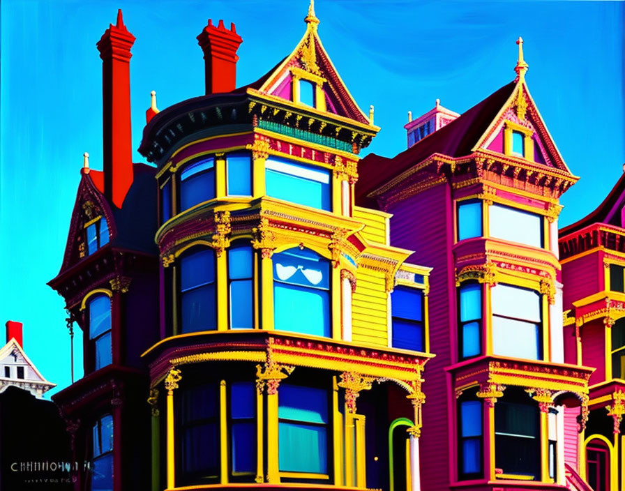 Victorian houses with ornate trim under blue sky