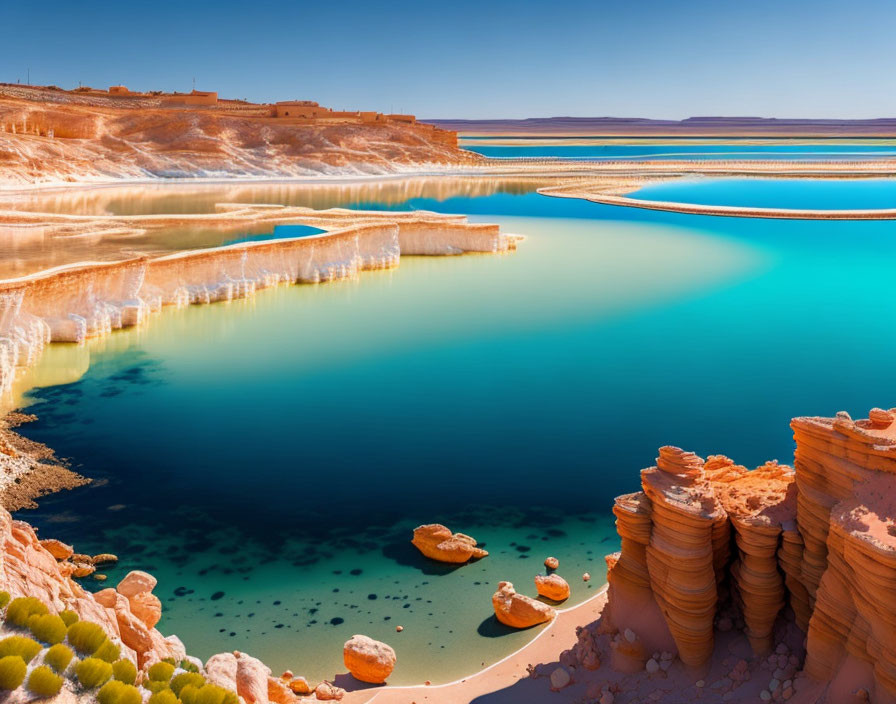 Turquoise Salt Lakes with Mineral Formations and Settlement in the Distance