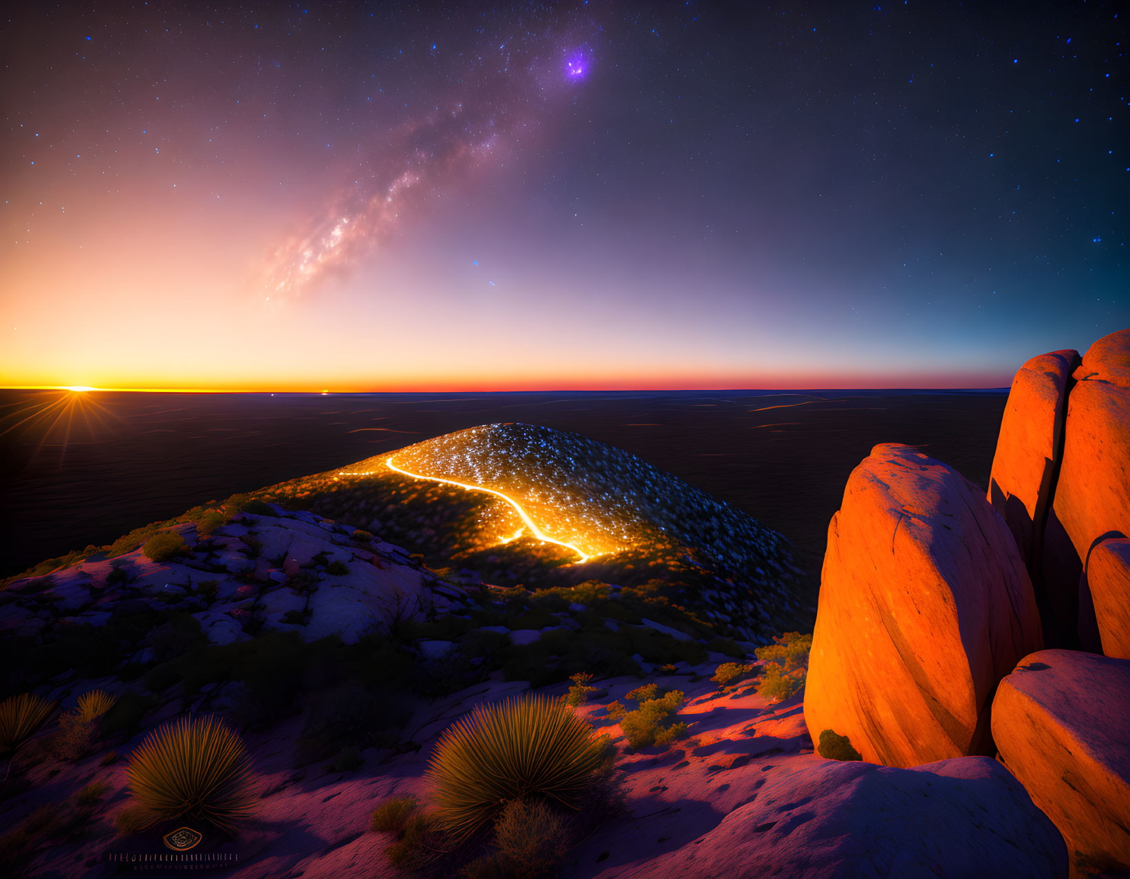 Twilight landscape with starry sky, glowing path, hill, and sunset horizon