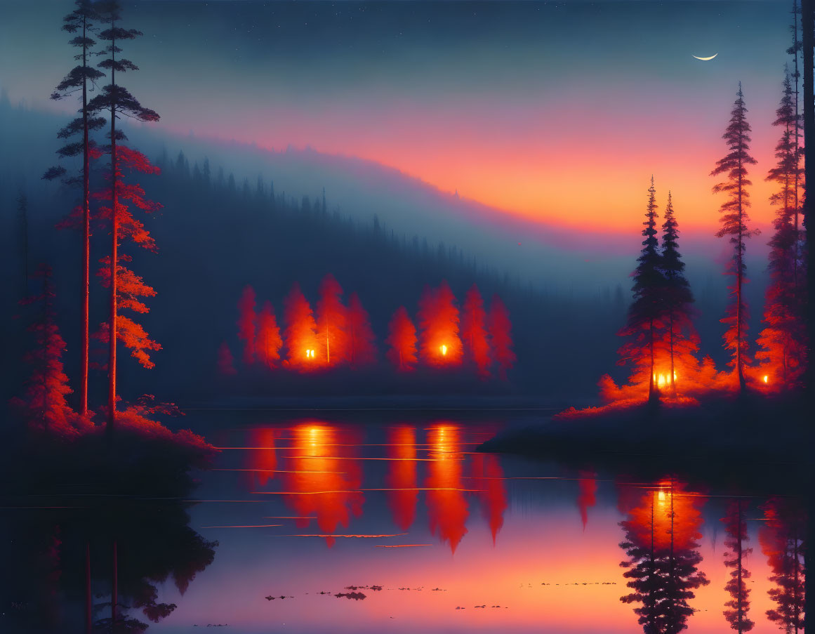 Tranquil lake scene with tall trees under twilight sky