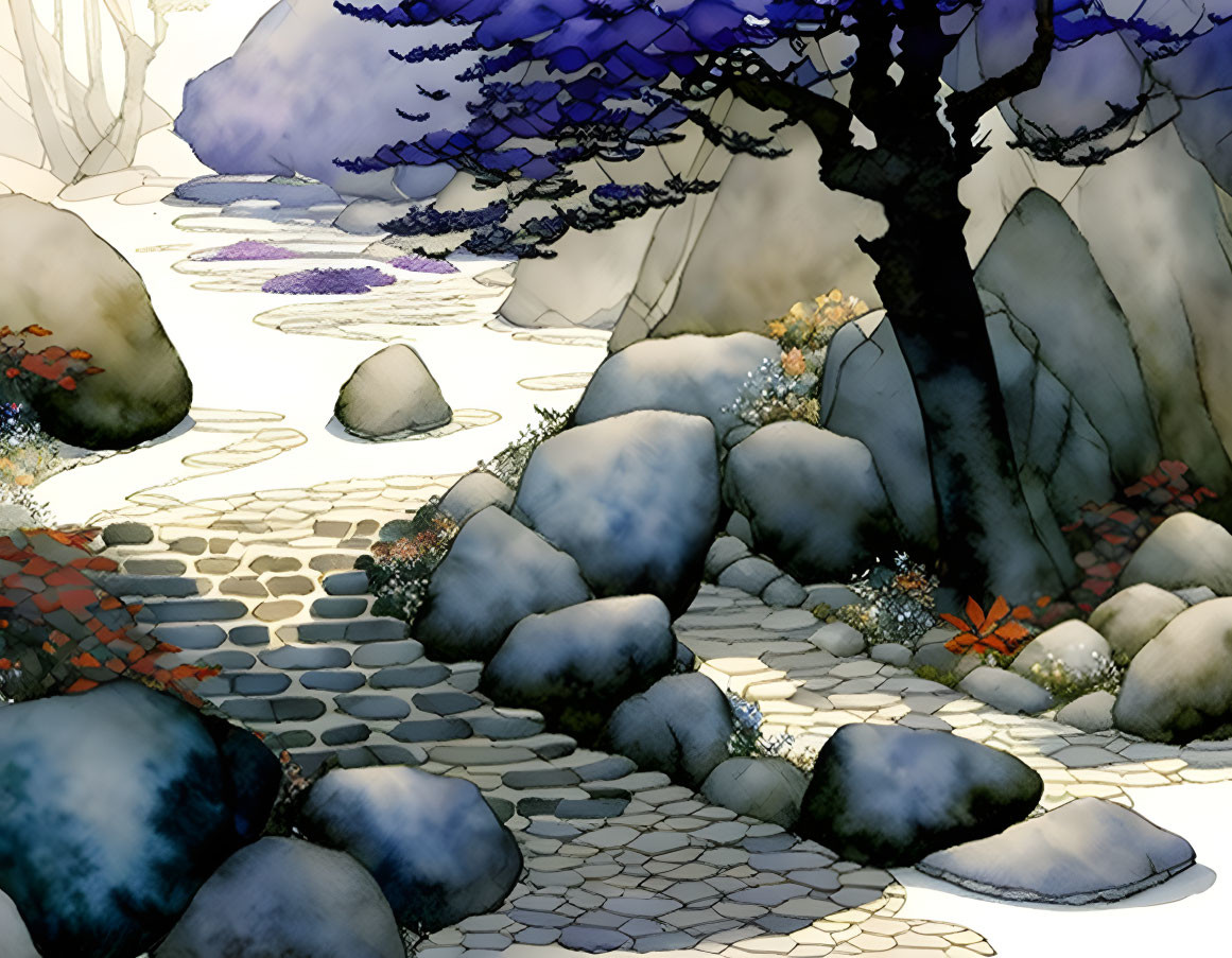 Tranquil garden scene with cobblestone path, boulders, and purple tree.