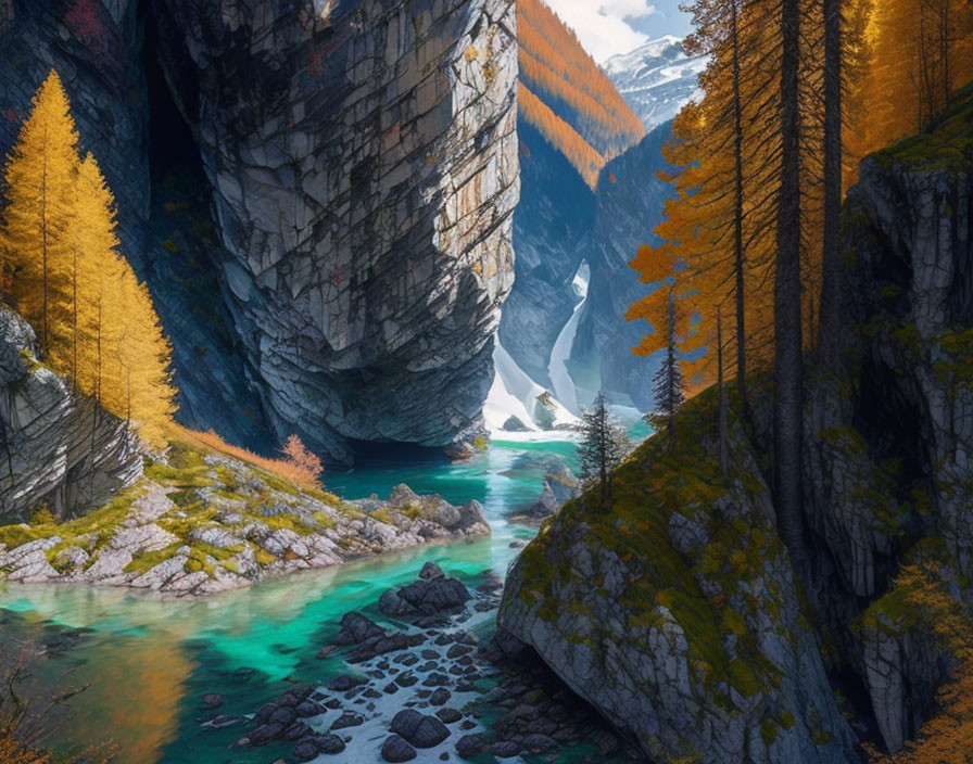 Tranquil canyon scene with autumn trees, turquoise river, and snow-covered peaks