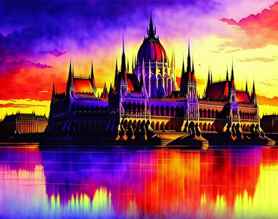 Gothic-style castle illustration at sunset with purple, orange, and yellow hues