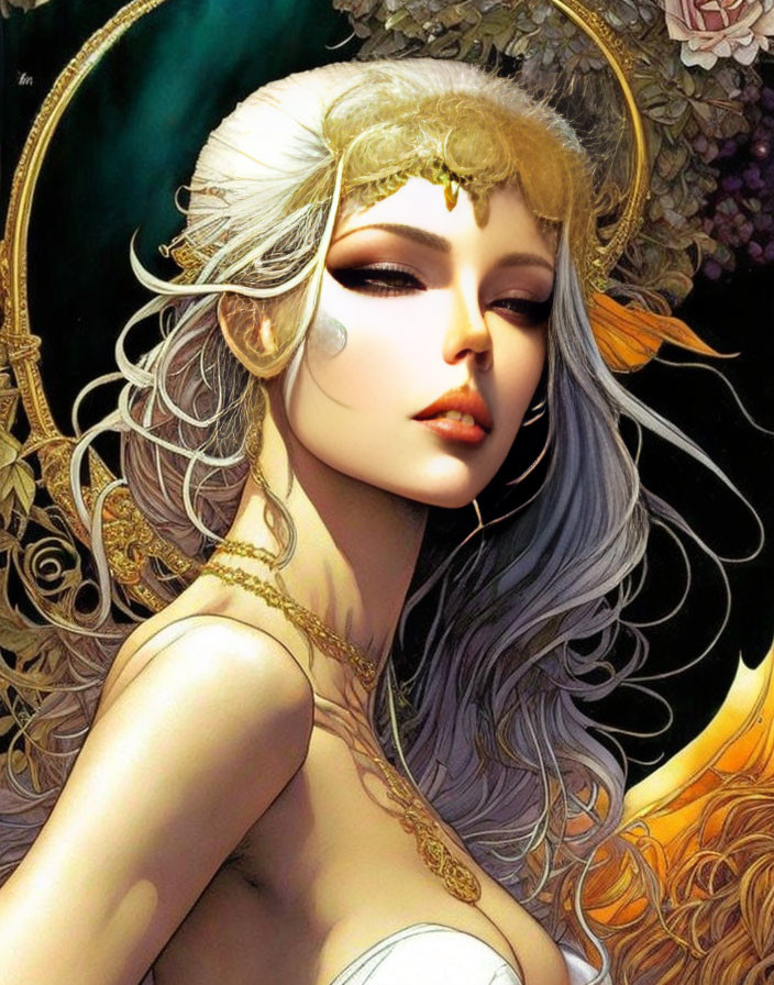 Ethereal fantasy woman with golden circlet, elfin ears, silver hair, vibrant flowers.