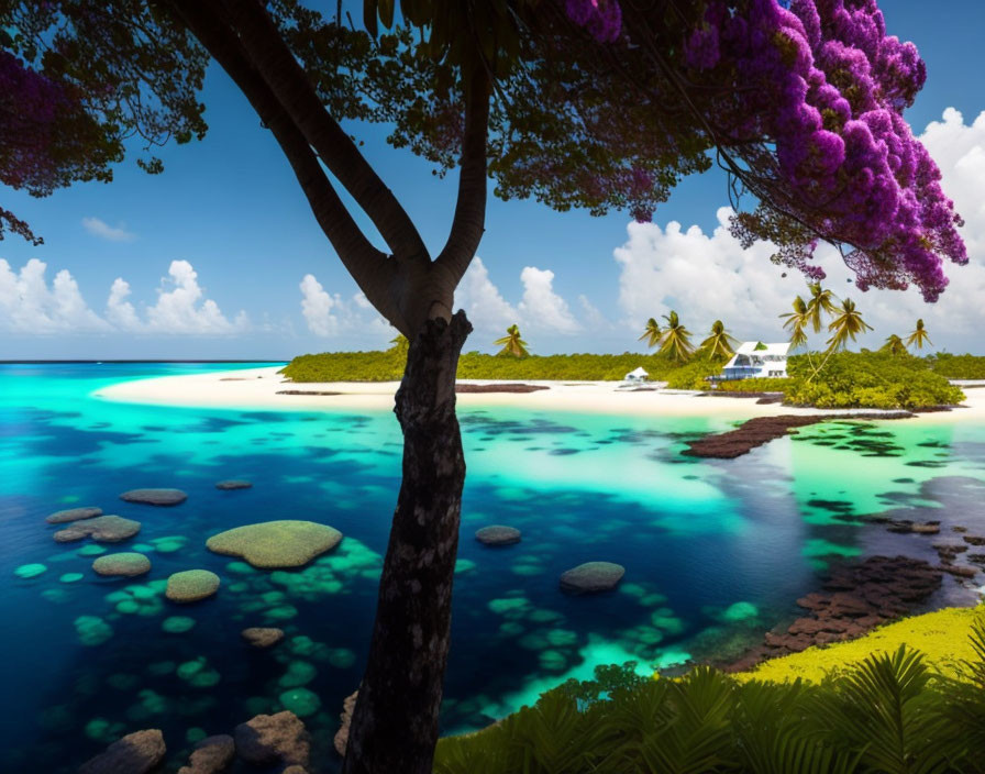 Vibrant purple tree in tropical paradise by serene blue lagoon