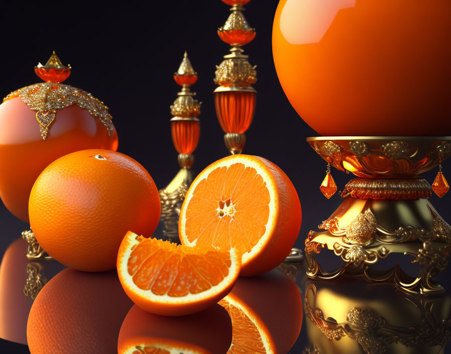 Still life with oranges, halved orange, gold vases on reflective surface