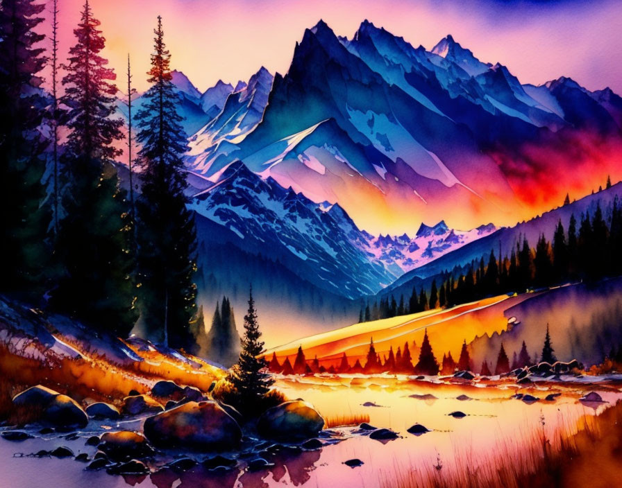 Tranquil mountain landscape at sunset with glowing sky