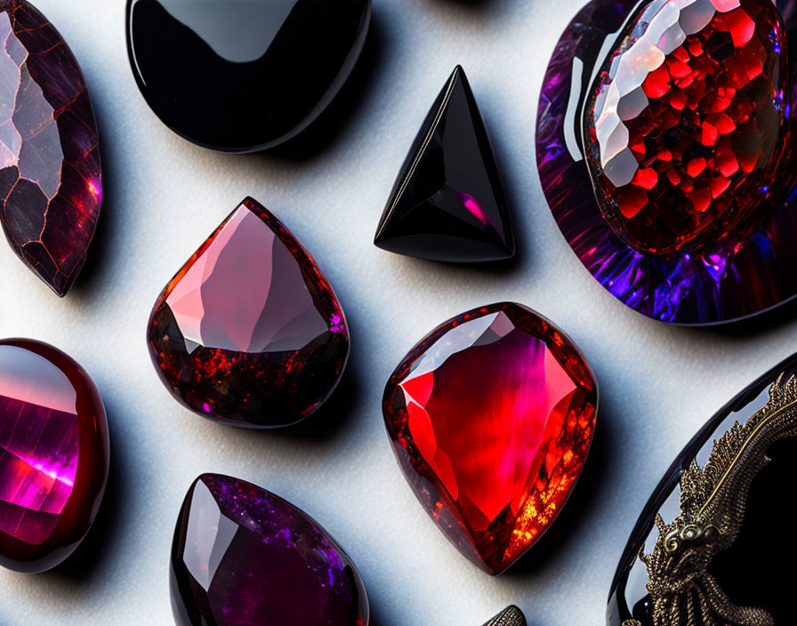 Assorted Deep Red and Purple Cut Gemstones on Light Surface