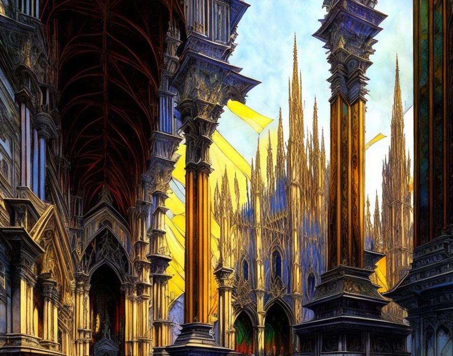 Detailed Gothic Cathedral Drawing with Towering Spires and Stained Glass Windows