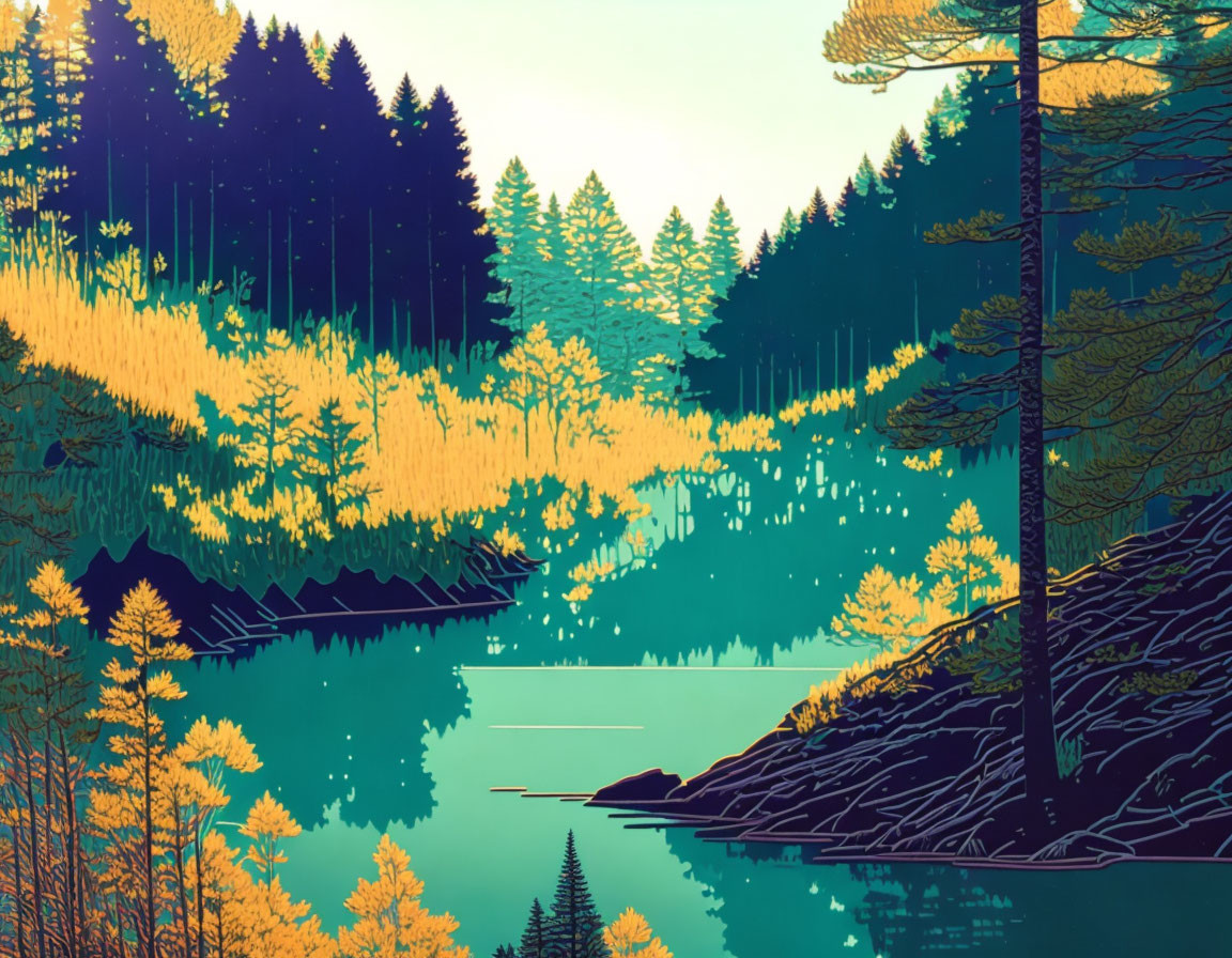 Tranquil digital illustration of serene forest by calm lake