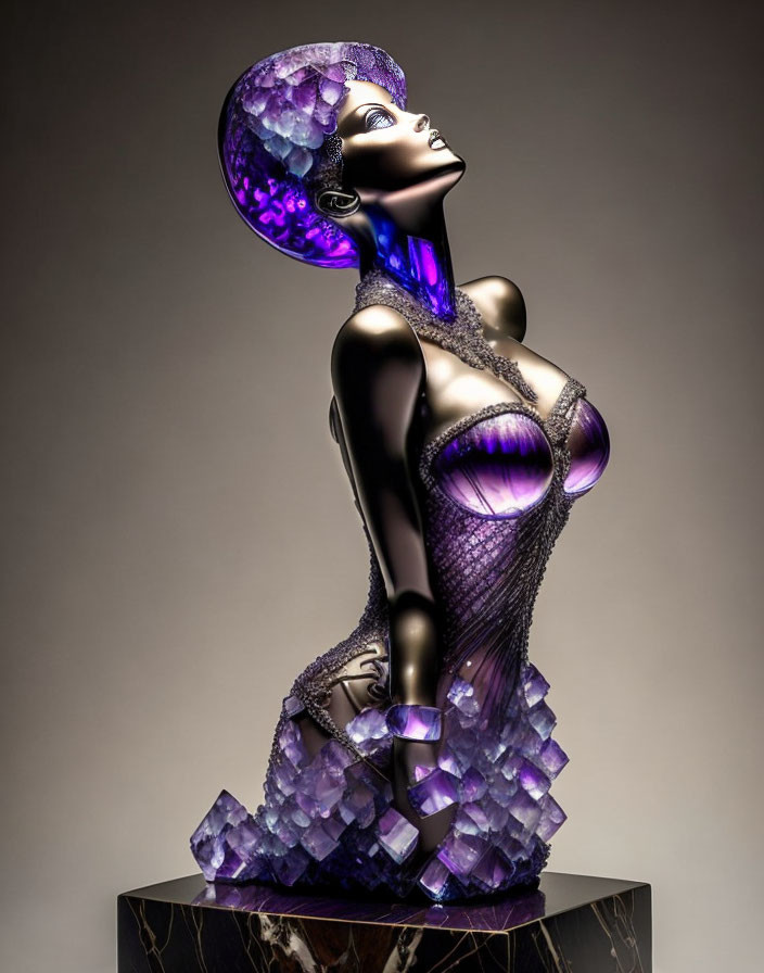 Purple crystalline mannequin on marble stand