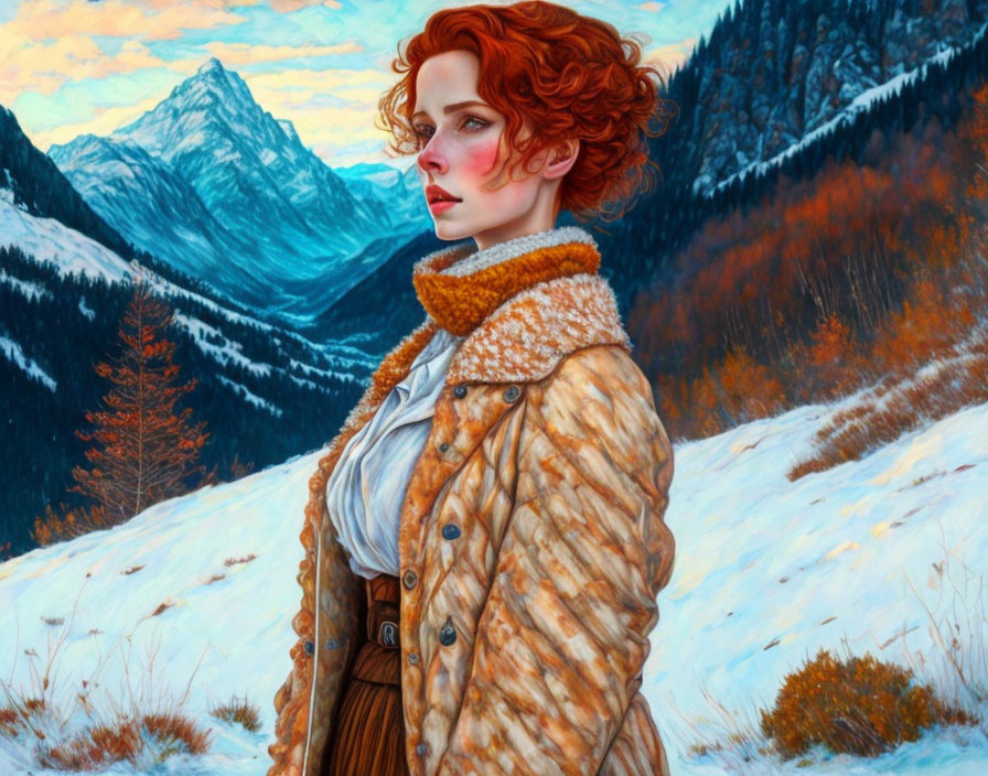 Curly Red-Haired Person in Warm Coat Against Snowy Sunset Mountain Landscape