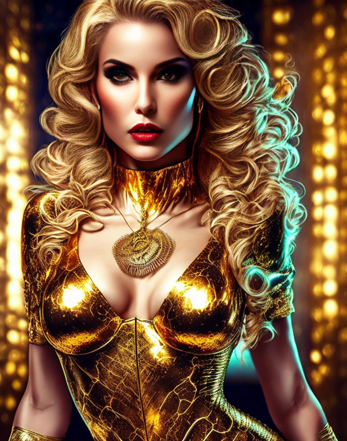 Blonde woman in golden armor with high collar on bokeh background