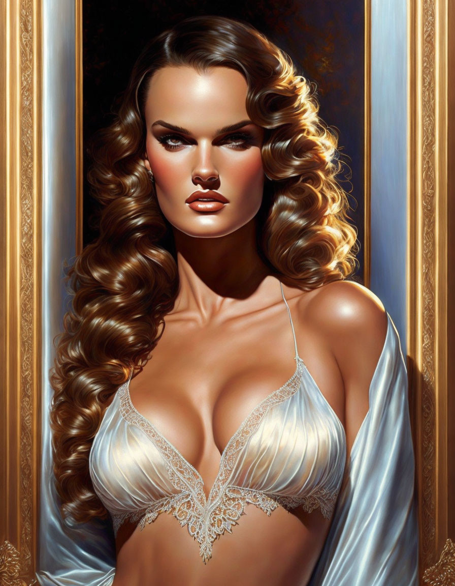 Digital artwork: Woman with curled hair in lace bra by golden mirror