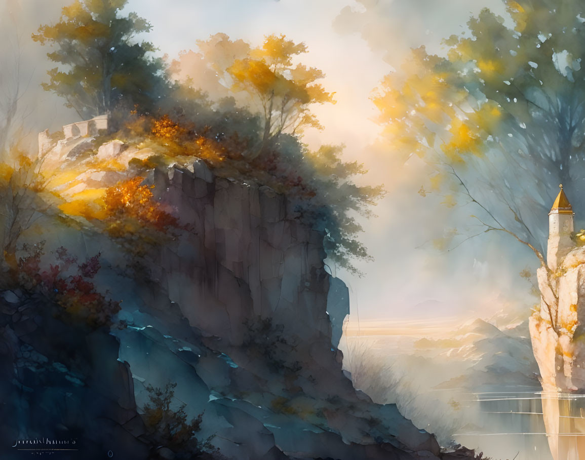 Sunlit misty landscape with tower, calm waters, and ruins on rocky outcrop.