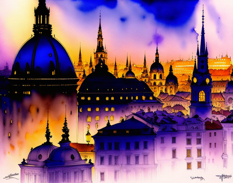 Cityscape Watercolor Painting: Historical Buildings Silhouetted at Dusk