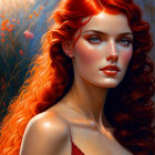 Red-haired woman in red dress with blue eyes and soft makeup against natural backdrop