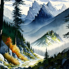 Mountainous Landscape with Forest Trail and Orange Trees