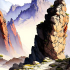 Illustration of rugged canyon with towering rock formations and winding path.