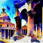 Digital artwork: Stylized Roman architecture with arches and dome under dual crescent moons